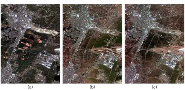 FIGURE  2.  연구에  사용된  KOMPSAT-2  영상자료:  2008년  6월  19일(a),  2011년  3월  17일(b),  2012년  3월  14일(c) 계적으로  PIFs  지역을  자동으로  추출한다는데  가장  큰  장점이  있다(Nielsen  et  al.,  1998;  Nielsen,  2007)