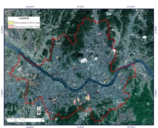 FIGURE  3.  Map  of  study  area  and  flooded  locations 시  전역에서  2011년에도  유사한  침수피해가  발생하였다