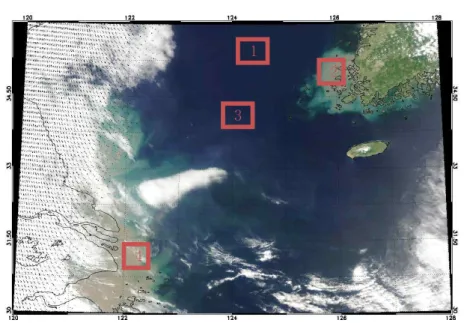 FIGURE  4.  MODIS  500m  resolution  color  composite  RGB  images  of  the  Yellow  Sea  [30°E  –  36°E,  120°N  -128°N]  where  extensive  green  algal  blooms  were  found  between July  19-20, 2011