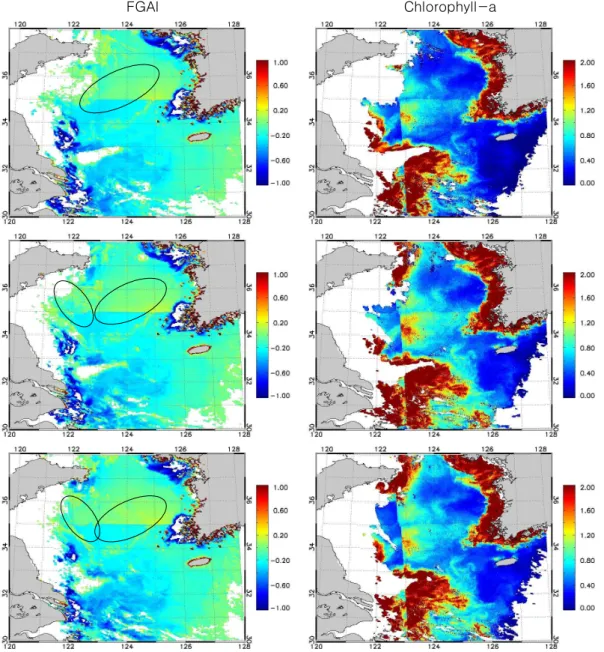 FIGURE 7. COMS/GOCI  FGAI and Chlorophyll-a imagery  at UTC  02:00  (top  panel), 03:00  (middle  panel),  04:00  (bottom  panel)  on  20  July  2011