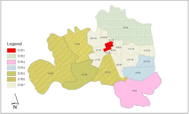 FIGURE  3.  생활권  및  지역구분신안동도  구도심과  평거동  사이에  입지하고 일부지역이  택지개발지구에  포함됨에  따라  양쪽  모두의  특성을  보유하고  있음에  따른  것으로  보이며,  이외  지역들은  주거지  특성을  모두  가지고  있으면서  상업/주거혼재,  구  도심과 이후  개발지와의  개발시기의  차이  등에  따라 구분되는  모습을  보여주고  있었다