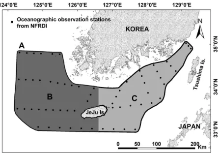 FIGURE  1.  연구  지역인  한국  남부해역 있다.  Gould  and  Arnone(2004)는  한국  동