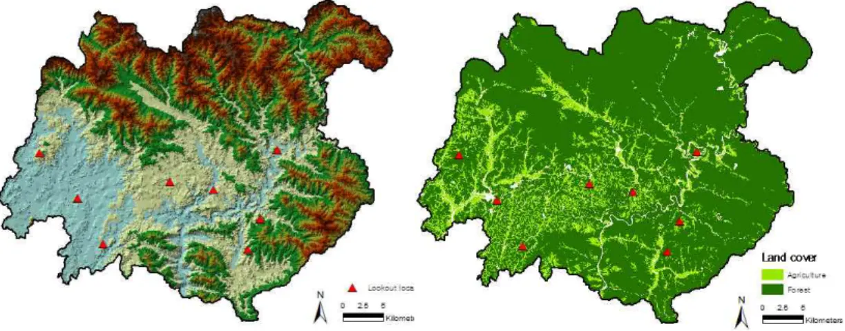 FIGURE  1.  DEM(left)  and  Landcover(right)  with  fire  surveillance  point  in  Bonghwa  district각  등의  실적을  제외하고  직접적으로  산불을 탐지한  경우는  평균  4%로  낮게  나타나  산불감시시설의  효율성에  대한  체계적인  분석이 필요하지만  이에  대한  기초적인  연구가  부족한  실정이다
