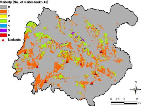 FIGURE  3.  Visibility  map  of  Bonghwa  county  (offset  B:  10m)용해  래스터  연산을  실시하여  최종적으로  산불감시우선도를  생성하였다