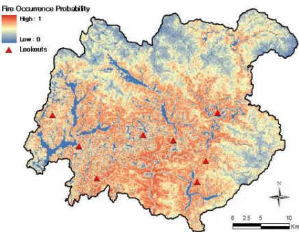 FIGURE  5.  Fire  occurrence  probability  map  of  Bonghwa  county 가  가깝고,  침엽수림의  분포가  많으며,  고도는  낮되  산지로  이어지는  경사가  급한  곳에서  산 불발생  확률이  높은  것으로  나타났다