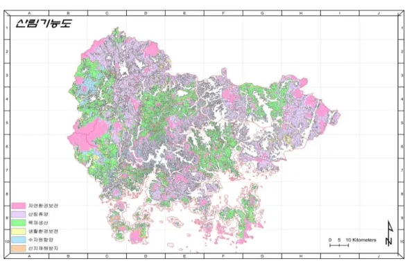 FIGURE  7.  경상남도의  산림기능도 자료라  할  수  있는  수치지형도의  등고선  오류 에  따른  산림기능  평가결과상의  영향을  살펴보 았고,  기타  각종  입력자료에  대한  수정  및  갱 신  작업을  하였다