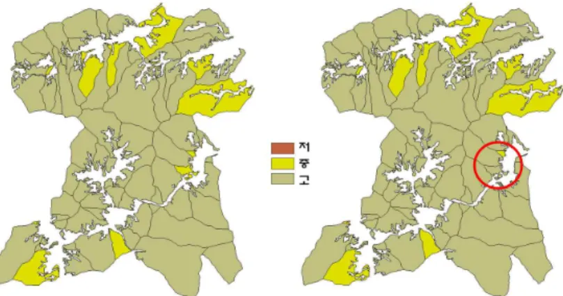 FIGURE  4.  생활환경보전기능(좌:  수정  전,  우:  수정  후) FIGURE  5.  GIS  자료의  수정·갱신(좌:  제재소,  중:  고속도로  나들목,  우:  인구분포도)해당  도엽에  있어서  기타  산림기능에서는  평가결과에  차이를  보이지는  않았지만  등고선의 오류에  따라  산림기능  잠재력의  평가결과가 달라질  수  있으며,  이로  인해  최종적인  산림기능도의  분석결과에서도  오류가  내재될  가능성이  있다