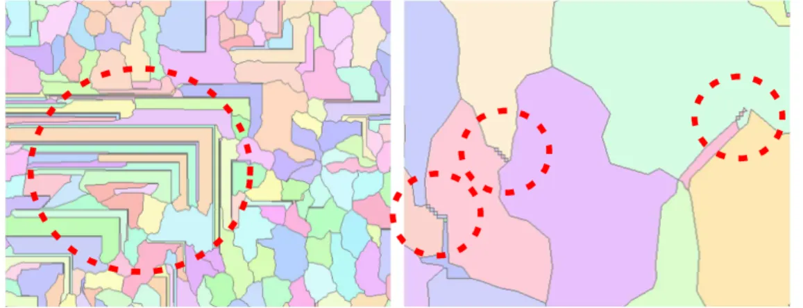 FIGURE  6.  유역구분도  오류(좌:  직선형  유역,  우:  슬리버폴리곤형  유역)구  단위로  갱신하였다(그림  5).2.  평가단위  유역구분도의  오류  및  수정산림기능의  평가단위를  유역으로  결정하였고,  1개  유역의  크기를  산림시업단위에  적합하게  설정하고자  하였다