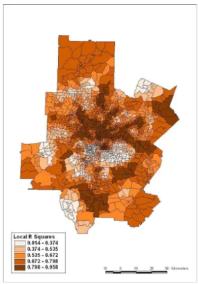 FIGURE  9.  Local  R 2   values  for  the  GWR  model  of  environmental  equity  and  QOL considerable  differences