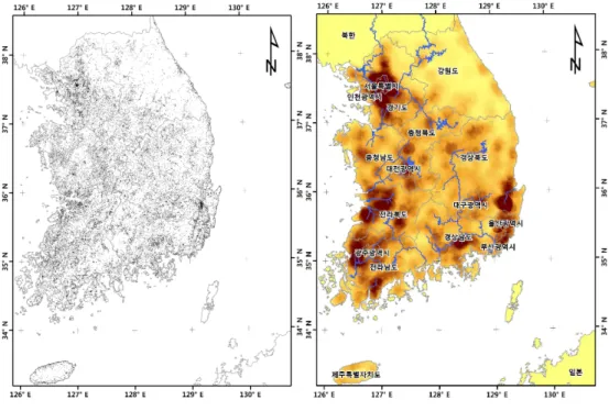 FIGURE  1.  문화유적의  분포  현황과  분포밀도우가  있다.  이러한  문화적  시간의  변화는  공간적  변화를  수반하기  때문에  지리정보과학은 고고학연구에  있어  매우  중요하다