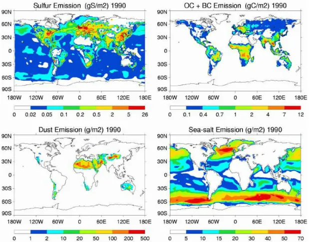 FIGURE 1. Global annual emission rates for sulfur, dust, OC+BC, and sea salt (from Chin  et  al.,  2002) 룹의  분율,  u  는  지표면에서의  풍속,  그리고 ut  는  입경과  토양함수율에  의하여  결정되는  바람에  의한  침식이  발생하게  되는  임계 속도이다.∙ 탄소  입자(검댕과  유기탄소):  생체  연소  활동은  탄소입자를  배출하는  주요  원인이므