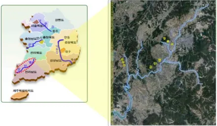 FIGURE  2.  연구지역(영산강  유역) FIGURE  3.  연구자료  수집실시간  이동체 위치정보  표현을 위한 공간자료의  융합1.  연구지역본  연구의  대상지역인  영산강(榮山江)은  하천연장  115.5km,  유역면적  3,371㎢인  하천으로  광주광역시와  전라남도의  젖줄로서  담양군을  지나  광주광역시,  나주시,  함평군,  영암군, 목포시를  지나  황해로  흐른다(그림  2)