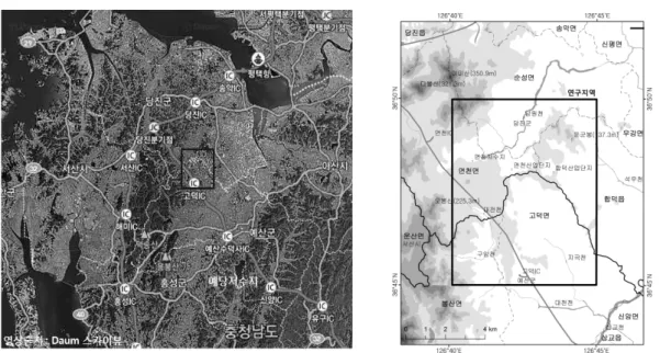 FIGURE  1.  연구지역2006년(34년)  산림율(국토  면적  대비  산림 면적)은  67.0%에서  64.1%로  2.9%  감소하였다.  당진군과  예산군의  통계연보에  의하면  동 기간  연구지역인  당진군  면천면과  순성면의 산림율(각  행정구역  면적  대비  산림  면적)은  각각  5.3%,  2.6%  감소하였다