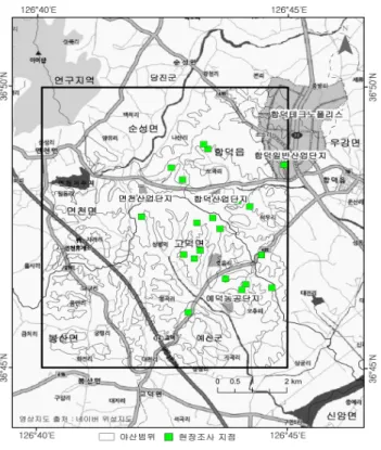 FIGURE  7.  표  3의  현장조사  지점  위치도 2006년  9월  토지이용 지점수 나지로  분류된  원인 과수원 사과 1 배나무에서  사과나무로  수종  변경  중이었음 밭 인삼 4 인삼밭으로  개간  중이었음1 재배하던  인삼을  모두  출하  후  나지로  남음콩,  고추2 이  작물들은  첫  서리가  내리기  전인  9월경  수확을  시작하므로  밭이  나지로  분류될  수  있음김장채소*4 고구마 2 옥수수 3 옥수수를  수확하고  