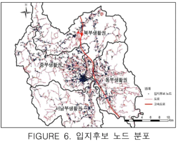 FIGURE  6.  입지후보  노드  분포 각  생활권별  1개소의  최적입지를  도출한  시 뮬레이션  결과,  서부생활권을  제외한  나머지  3 개의  생활권의  최적입지는  지역의  이용자가  접 근하기  용이한  위치에  나타나고  있으나  서부생 활권의  경우  생활권의  형태가  남북으로  길게  형성되어  있고  최단거리  통행이  중부생활권을  지나야  하는  경우가  많아  한쪽으로  치우쳐  입 지되는  것으로  도출되었다