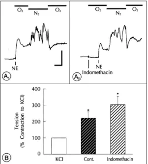 Fig. 8. Effect of blockading cyclooxygenase pathways by indomethacin on response to hypoxia in pulmonary  arter-ies with endothelium