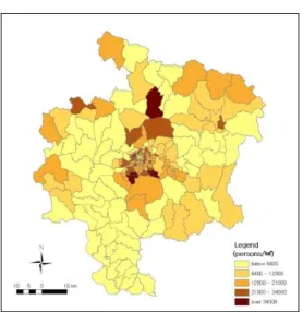 FIGURE  3.  Population  density:  2005 Estimating equation(2) using 1995, 2000 and 2005 population densities yield the Table 2, in which population density decreases about 15%