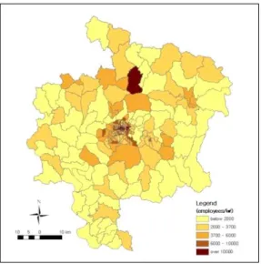 FIGURE  4.  Employment  density:  2005  Employment density gradients of 1995, 2000 and 2005 estimated with equation (2) are presented in Table 3