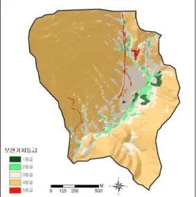 FIGURE  12.  보전가치등급  설정치를 평가하기 위해서는 각 항목별 평가 기준이 필요하다. 본 연구는 선 평가와 후 평가 구분되어 진행되었고, 선 평가의 경우 항목별 특성을 가진 지역의 유무에 따라 평가가 이루어지기 때문에 선 평가와 후 평가의 판정 기준을 달리 적용하였다