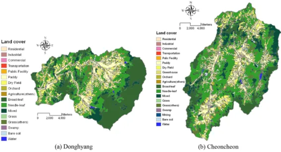 FIGURE  2.  Land  cover  map  of  Donghyang  and  Cheoncheon  basin적용  및  분석결과1.  연구대상지용담댐은 금강본류, 전북 진안군 용담면 월계리에 높이 70 m, 길이 498 m의 콘크리트표면차수벽형 석괴댐으로서, 댐건설로 형성될저수지 용량은 815백만 ㎥이고, 저수지에 수몰되는 면적은 31,595,000 ㎡, 이설도로는 11개노선 64.4 ㎞ 이다