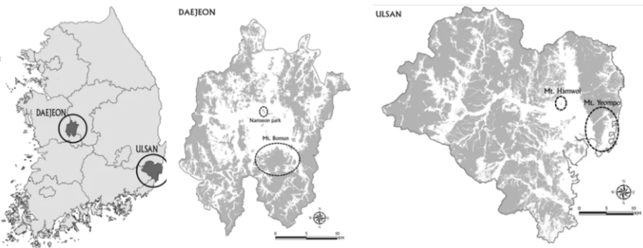 FIGURE  1.  Locations  of  the  studied  four  urban  forests  in  Daejeon  and  Ulsan 울산광역시의  일인당  도시공원  면적은  고시면적  기준으로는  7대  도시  중  가장  넓은  39.75㎡이지 만  시민이  체감할  수  있는  조성  완료된  공원면적 은  고시면적의  11.5%에  불과한  1인당  4.57㎡로  7 대  도시  중  가장  좁다