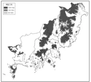 FIGURE  1.  부산시  표고별  구릉지  분포도 2.  표고별  용도지역  현황 표고  80m  이상에  입지하는  용도지역을  살펴보 면  녹지지역이  부산시  전체면적의  56.03%로  가장  많은  비율을  차지하고  있다