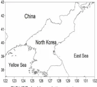 FIGURE  1.  Map  of  the  study  area따라서  본  연구에서는  SPOT/VEGETATION 자료를  활용하여  접근이  불가능한  북한지역을 대상으로  식생  활력도(Vegetation  Activity)의 시계열적  변화를  모니터링하고,  식생지수의  연간변화특성을  관찰하여  북한지역의  식생변화를  파악하고자  한다