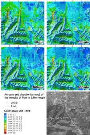 FIGURE 4. 신천상류 가창골 일대 및 앞산공원지역                   찬공기  유속과  방향  모의실험  결과                  40～59m에  달하는  찬공기층의  유동이  확대되고  있고  있는  것으로  나타나고  있으며,  지산동일대로의  찬공기  유입도  더욱  늘어나고  있는 것으로  나타났는데,  이  일대  찬공기층의  높이는  20～29m에  이르고  있음을  확인할  수  있다