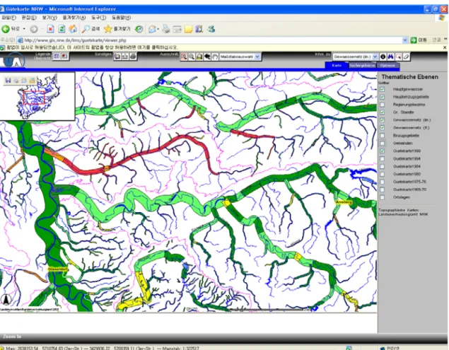 FIGURE  1.  독일에서의 하천의 물리적 구조 평가 결과 및 웹 서비스 화면 사례 (http://www.gis.nrw.de)  모든  하천에  생태적  등급을  결정하는  것이  하 천관리나  계획  또는  보전에  매우  유용하다고  하였다