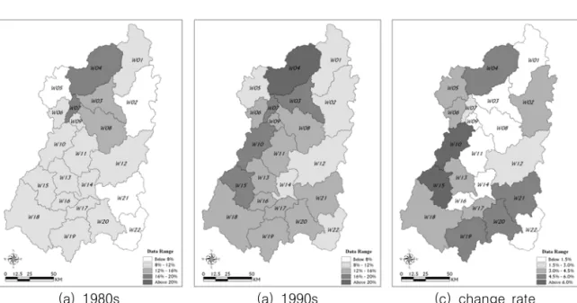 FIGURE  4.  The  proportion  and  change  rate  of  agricultural  land  greater  than  7%  in  each  watershed 강  하구언(W22)  및  산림의  면적율이  상대적으 로  높거나  유역의  평균고도가  높은  안동댐 (W01)  및  임하댐  유역(W02)로  경사지에  분포 하는  농경지의  면적율이  유역  면적의  10%  정 도를  차지하는  것으로  나타났다