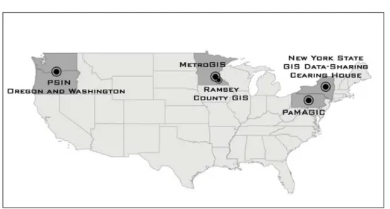 FIGURE  1.  Participating  geodata  collaboratives(Johnson  등,  2001) 에  관한  연구들이  있어왔다.(신동빈,  2003;  신 동빈과  김수현,  2004;  김복환과  김영훈,  2006;  남광우,  2006)  이러한  국가차원의  지리정보는  NGIS사업에  따른  성과물과  그  외  일부  공공 기관  및  지방자치단체에서  자체  구축한  지리 정보로  양분되고  있다