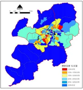 FIGURE  3.  도로서비스분석:  도로율 행정구역 도로율(%) 도로율(%)/행정동수25-3030이상20-25 15-20 10-15 10이하 여유지역 적정지역 과밀지역 중구 23.73 1 4 6 1 1 0 동구 25.92 6 3 6 3 1 1 서구 19.26 7 0 4 4 1 1 남구 14.56 0 1 2 3 3 4 북구 22.69 6 6 3 4 3 0 수성구 22.53 6 4 8 4 1 0 달서구 18.40 4 1 8 6 2 0 달성군 21.77 0