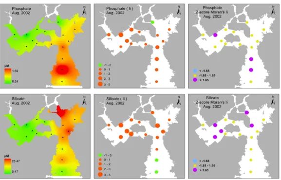 FIGURE  6.  Spatial  distributions  of  phosphate  and  silicate  in  sea  water,  local  Moran's  I(I i )   and  its  Z-score  in  August,  2002