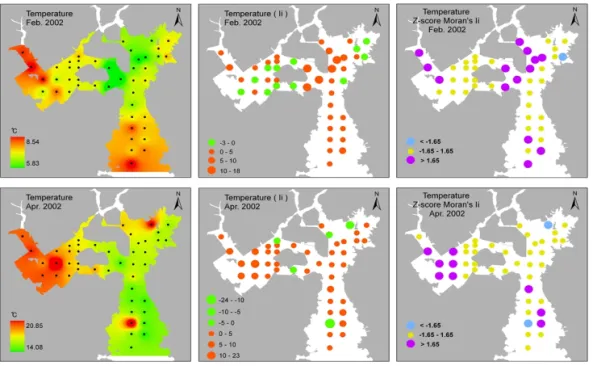 FIGURE  4.  Spatial  distributions  of  temperature,  local  Moran's  I(I i )   and  its  Z-score  in  February  and  April,  2002