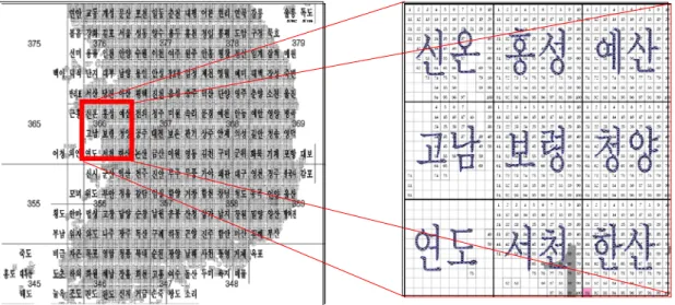 FIGURE  9.  DEM  생성  자동화  테스트에  사용된  수치지도  인덱스 2.  DEM  생성  자동화와  음영  기복도  생성 시스템에  사용된  699도엽의  수치지형도  모 두를  제한된  시스템의  메모리에  상주  시켜  DEM  생성  작업을  하는  것은  불가능하다