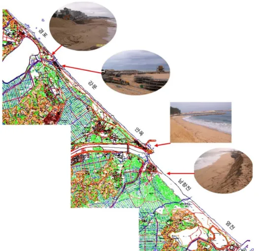 FIGURE  1.  수치지형도상의  연구대상지역들에  대한  해안  위치 분석하였다(최철웅  등,  2005).  영상을  이용한  간접  지형측정방식으로  조간대  백사장과  갯벌  지형  변화를  관측하였다(김태림,  2006)