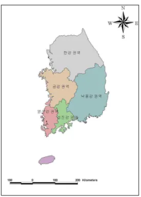 FIGURE  2.  Location  of  study  areas 2.  제안된  증발산량  산정  방법 본 연구에서는 NOAA/AVHRR 자료로부터 얻은 NDVI를 이용하여 우리나라 전역에 대한 증발산량을 공간적인 분포자료로 산정하기 위 한 방법을 제안하고자 한다