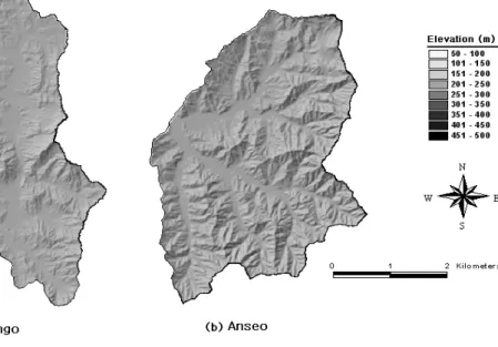 FIGURE  3.  DEM가  위치하고  있지  않으므로  공간강우자료를 사용하였다.저수량  자료는  농업기반공사의  경기도  안성지사에서  관리하고  있는  고삼  및  금광저수지의  저류  실적(1983～2004)  대장을  이용하여  전산화  작업을  통하여  각  저수지의  월평균  저수량  자료를  생성하였다(그림  2).고삼  및  금광저수지의  유입량  자료는  실측자료의  부재로  인하여  준분포형  강우-유출  모형인  SLURP  모형
