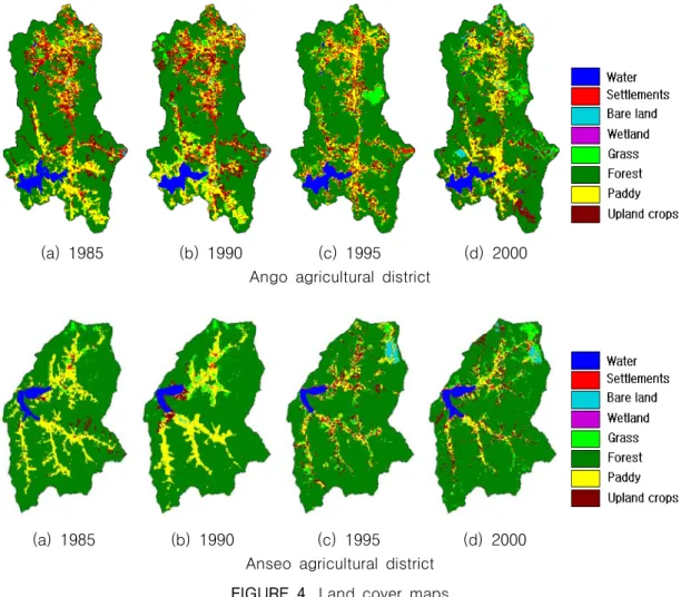 FIGURE  4.  Land  cover  mapsDEM은  일반적으로  지형의  표고를  나타내는데  가장  많이  이용되며  수문모형에서  입력자료로  사용되어  지형  및  지표면의  특성을  분석함으로써  지형적  매개변수를  결정하는  방법으로  이용된다