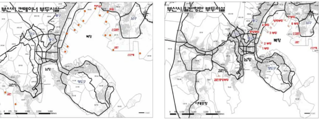 FIGURE  2.  부산시  컨테이너  부두시설       FIGURE  3.  부산시  일반부두시설 FIGURE  4.  부산광역시  주간선도로망       FIGURE  5