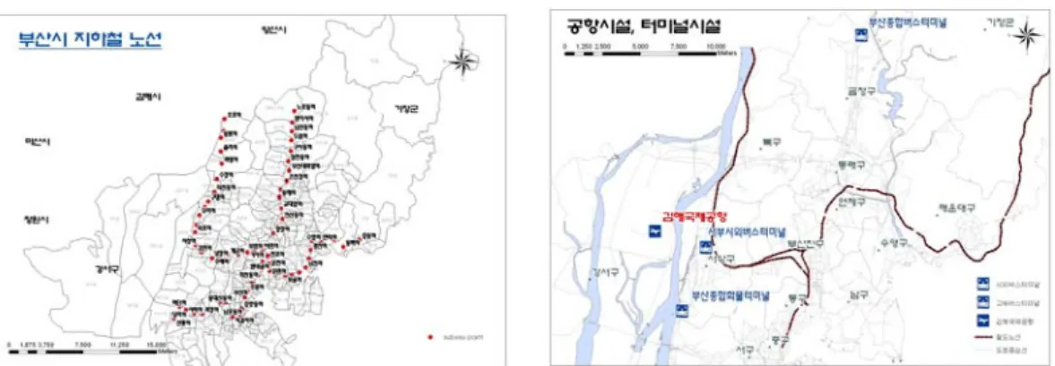 FIGURE  8.  부산시  지하철  노선도선도        FIGURE  9.  공항시설과  터미널  시설 FIGURE  10.  기타관련시설       FIGURE  11
