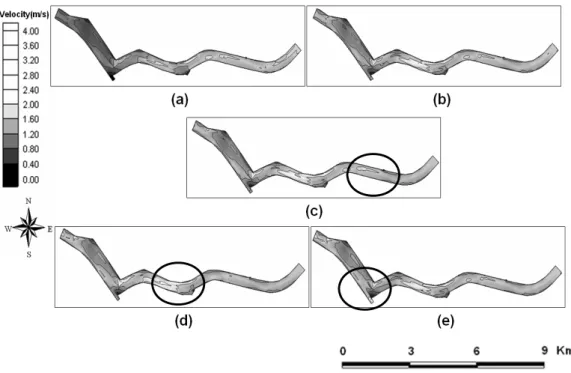 FIGURE  8.  Velocity  distribution  in  case  of  100  year  frequency  main  stream  (m/sec)  (a)no  tributary  flow,  (b)tributary  flow  for  50  year  rainfall  frequency  at  RP2,  RP3  and  RP4,  (c)tributary  flow  for  1000  year  rainfall  frequen