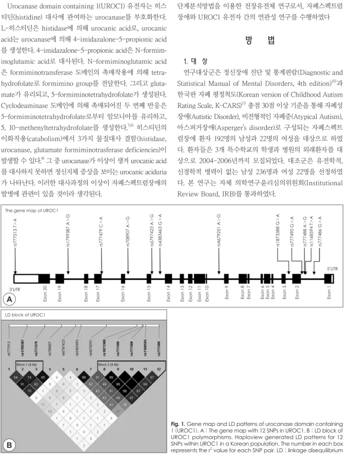 Fig. 1. Gene map and LD patterns of urocanase domain containing  1 (UROC1). A : The gene map with 12 SNPs in UROC1