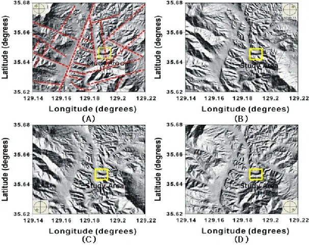 FIGURE  6.  음영기복도(태양의  고도/방위각,  A:45/W,  B:45/N45W,  C:45/N45E,  D:45/E)북동-남남서  방향  선구조의  연장성이  가장  잘 발달하며  빈도수는  북북동-남남서  방향과  북서-남동  방향이  거의  대등하게  나타나며  북북서-남남동  방향의  선구조가  이차적으로  수반되어  있다