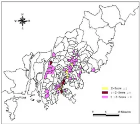 FIGURE  3.  1993년  고용밀도  표준점수  분포도 FIGURE  4.  2000년  고용밀도  표준점수  분포도 앞에서  살펴  본  주거활동외에  전반적인  생 산활동의  공간적  분포비중의  변화를  살펴보기  위해  각  동별  고용밀도값을  표준점수(Z-Score)  로  환산하여  나타내면  다음  표3,  표4와  같다