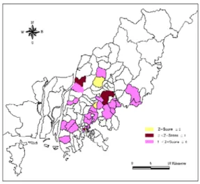 FIGURE  7.  1996년  지가분포도(상업지역) FIGURE  8.  2001년  지가분포도(상업지역) 개의  도심을  나타내고  있다.  이것은  도시세력 권이  두  개의  도심을  중심으로  각종  기능이  두  개의  도심에  집중되어,  도심으로  연결되는  간선도로  주변  지역들이  다른  지역보다  상대 적으로  지가수준이  높게  나타난  것으로  해석 할  수  있다