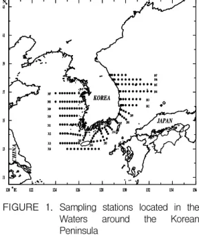 FIGURE  1.  Sampling  stations  located  in  the  Waters  around  the  Korean  Peninsula 결과  및  고찰 1