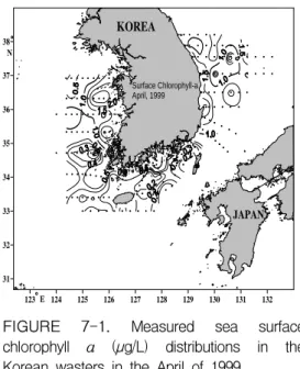 FIGURE  7-1.  Measured  sea  surface  chlorophyll  a  (µg/L)  distributions  in  the  Korean  wasters  in  the  April  of  1999