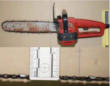 Fig. 3. Chainsaw (upper) found under the deceased body and the  chainsaw’s teeth (lower)