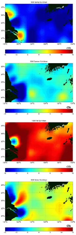 FIGURE  2.  Seasonal  variations  of  SLA  in  1996 나타내는  연주기  특성을  보였다.  제주도  주변해역에서의  해수면  변화를  살펴보기위해서  제주도 서쪽해역(Je_W)과 제주도 동쪽해역(Je_E)을 기준으로  공간  평균  한  값을  Table  1에  나타냈다
